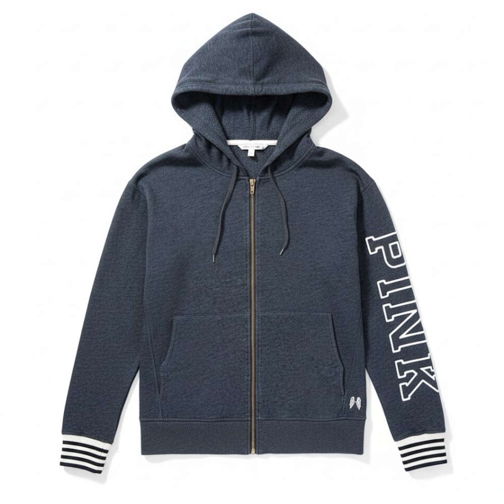 VS PINK || Vintage Full Zip Hooded Logo Jacket in Heathered Blue Grey - SZ Small
